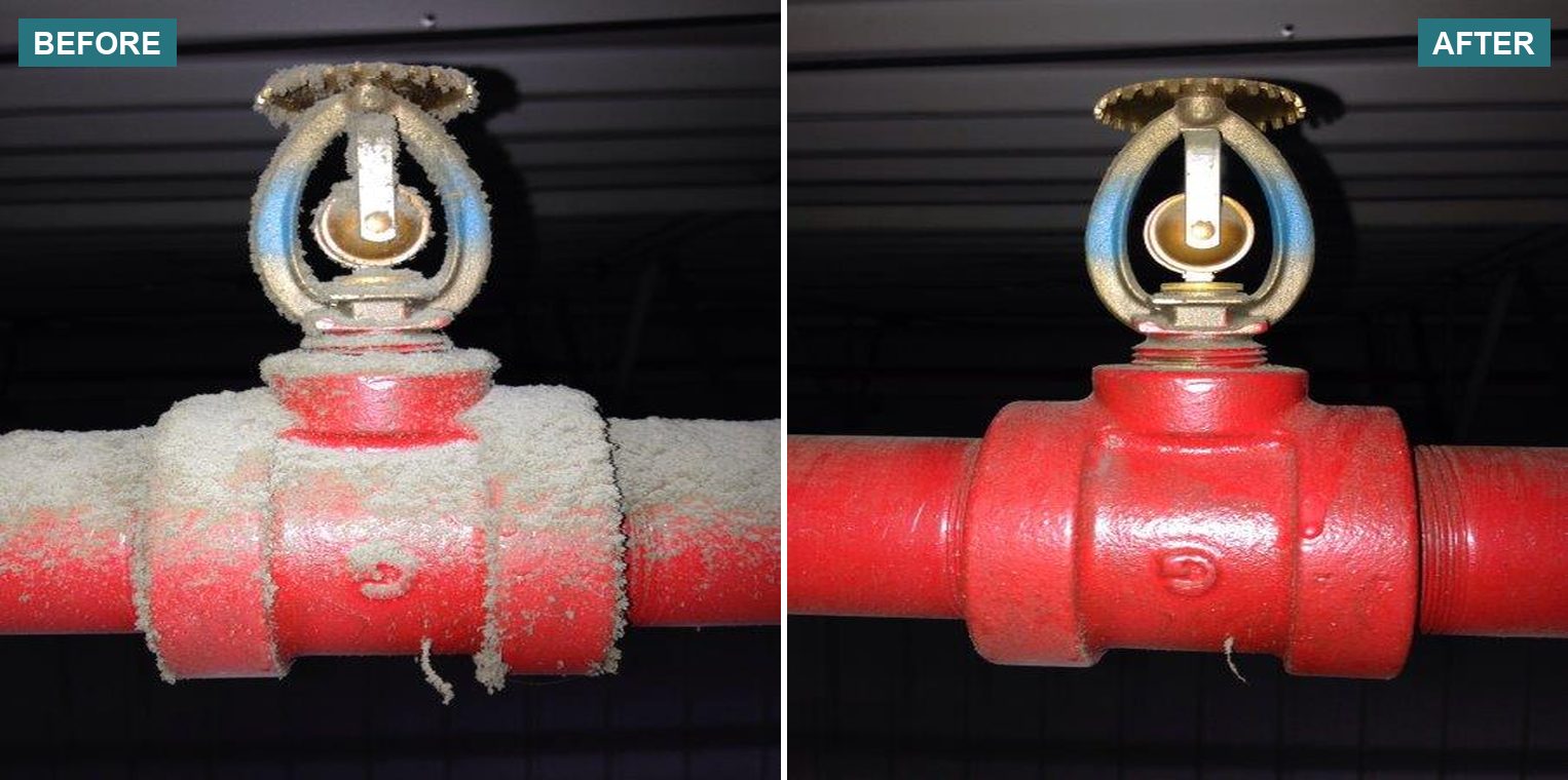 Fire sprinkler line caked in dust, then cleaned