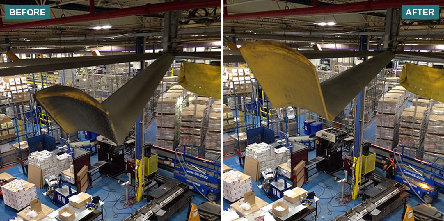 Hard-to-reach structural steel above a live warehouse, before and after